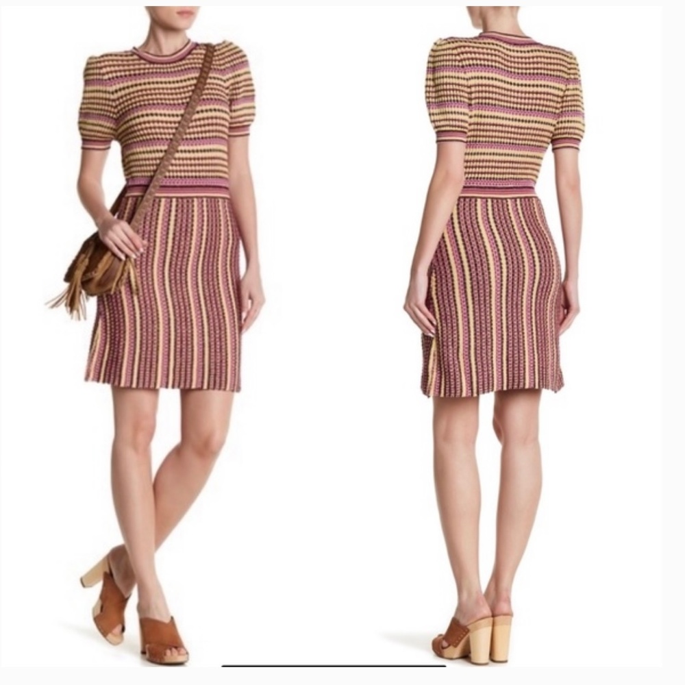NEW FREE PEOPLE Into You  Shimmer Mini SweaterDress Pink Metallic Retro Stripe - Picture 16 of 16